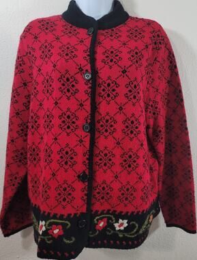 VTG JM Collection Black Red Embroidered Floral Button Up Sweater Large Soft